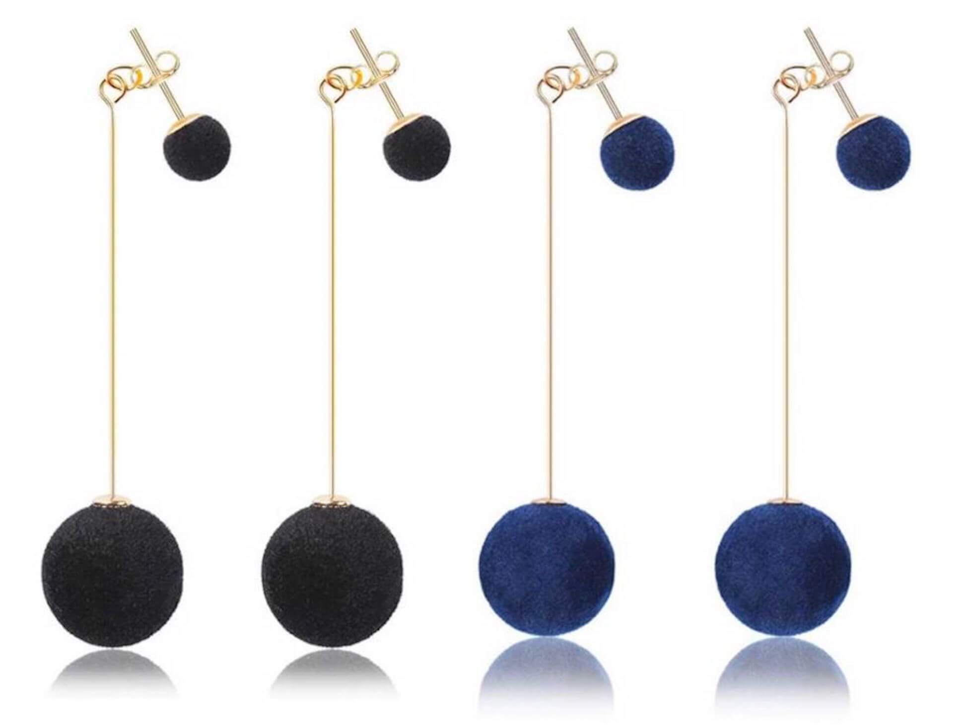 Nilu's Collection Combo of Blue and Black Plush Ball Drop Earring Velvet Round Earring for Women Copper Tassel Earring