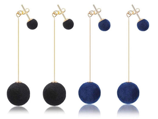 Nilu's Collection Combo of Blue and Black Plush Ball Drop Earring Velvet Round Earring for Women Copper Tassel Earring