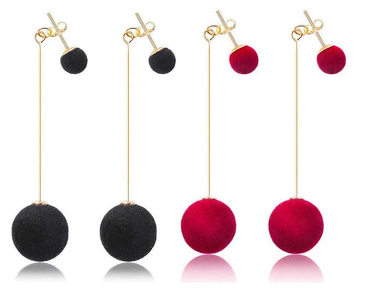 Nilu's Collection Combo of Red and Black Plush Ball Drop Earring Velvet Round Earring for Women Copper Tassel Earring