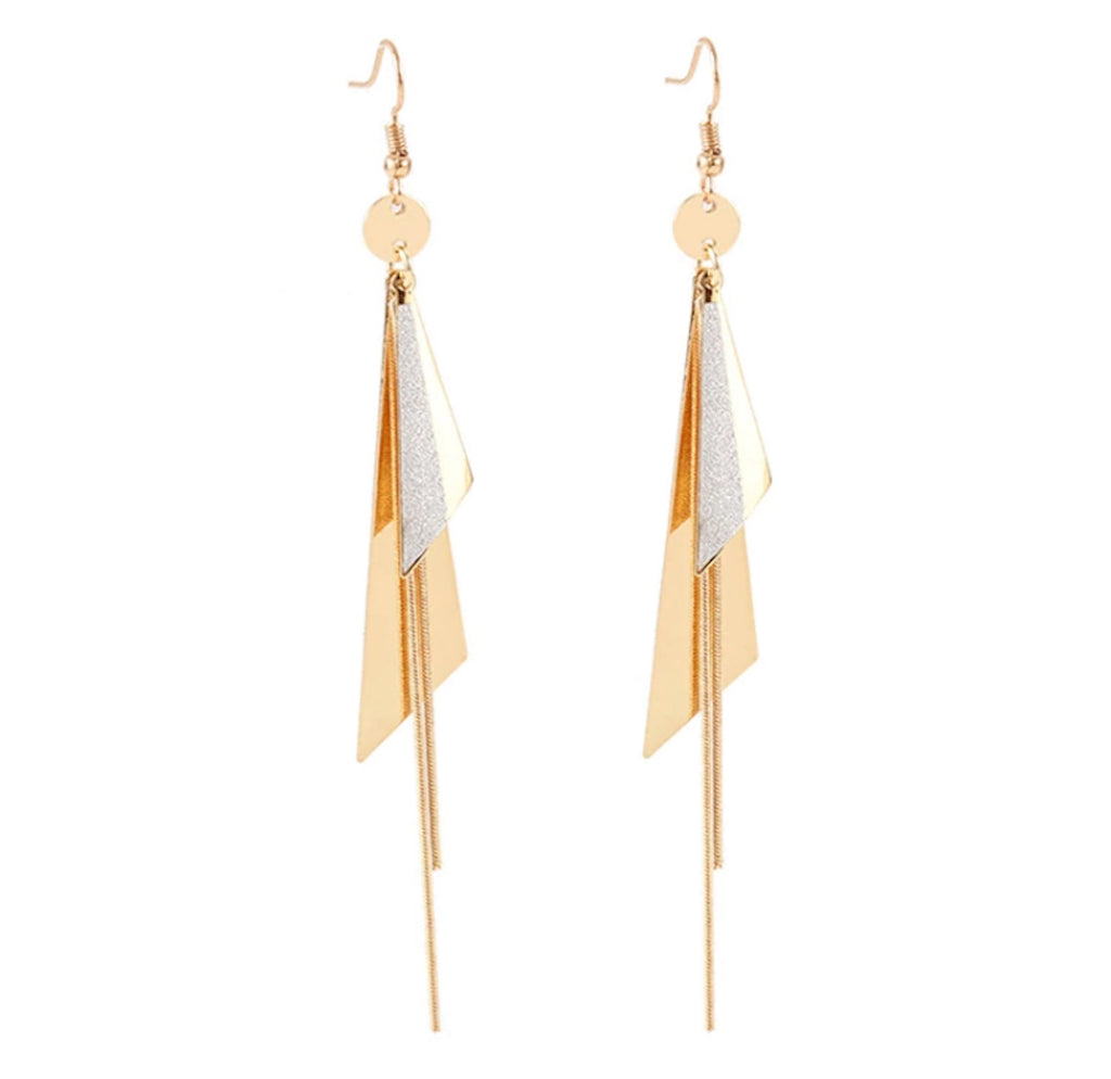 Gold Plated Geometric Triangle Long Tassel Drop Earrings for Women and Girls, Copper Triangular Drop Golden Danglers with Metal Chain