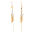 Gold Plated Geometric Triangle Long Tassel Drop Earrings for Women and Girls, Copper Triangular Drop Golden Danglers with Metal Chain