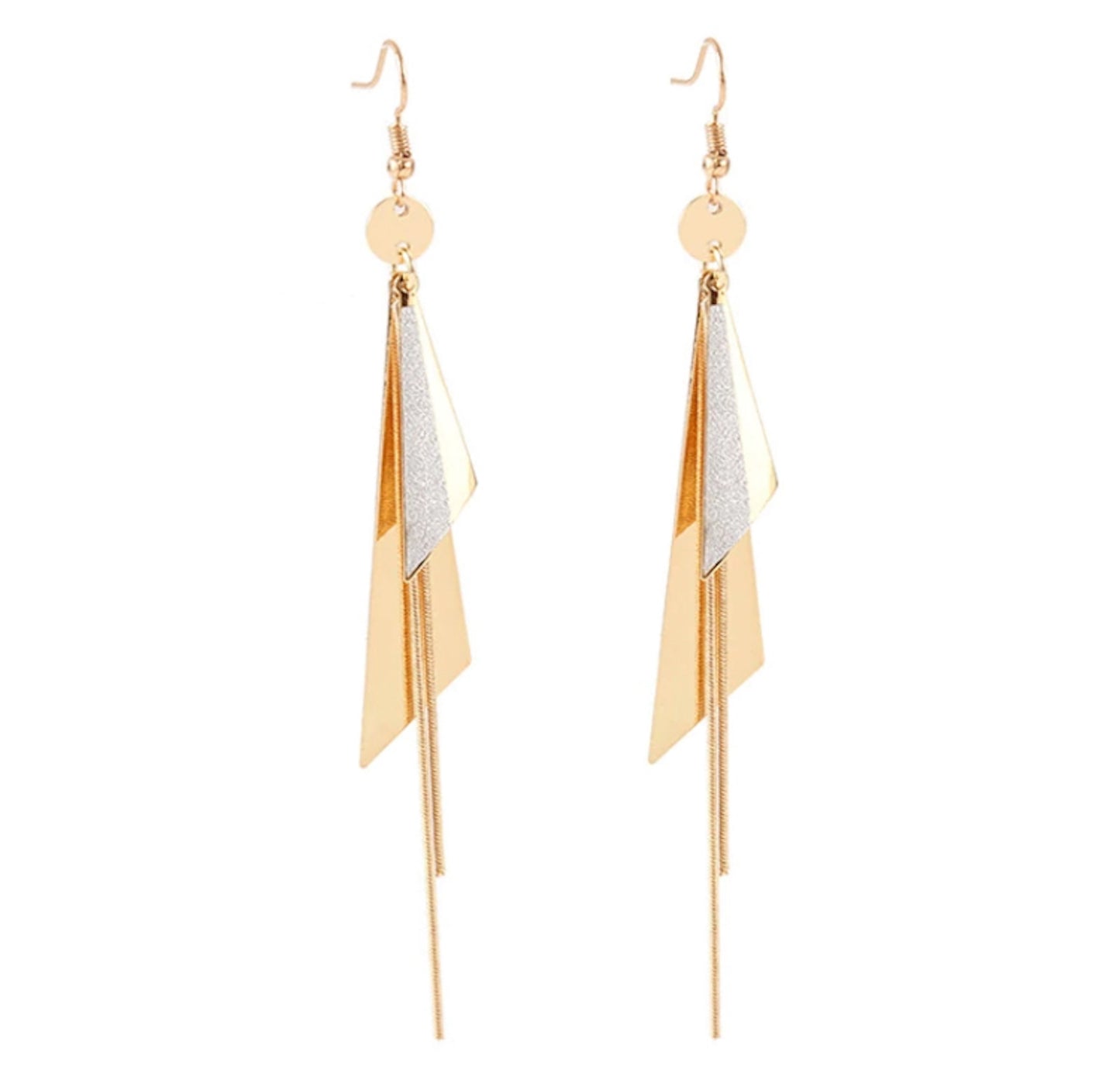 Gold Plated Geometric Triangle Long Tassel Drop Earrings for Women and Girls, Copper Triangular Drop Golden Danglers with Metal Chain