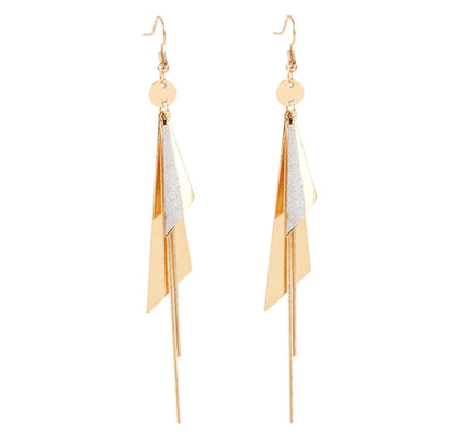 Gold Plated Geometric Triangle Long Tassel Drop Earrings for Women and Girls, Copper Triangular Drop Golden Danglers with Metal Chain