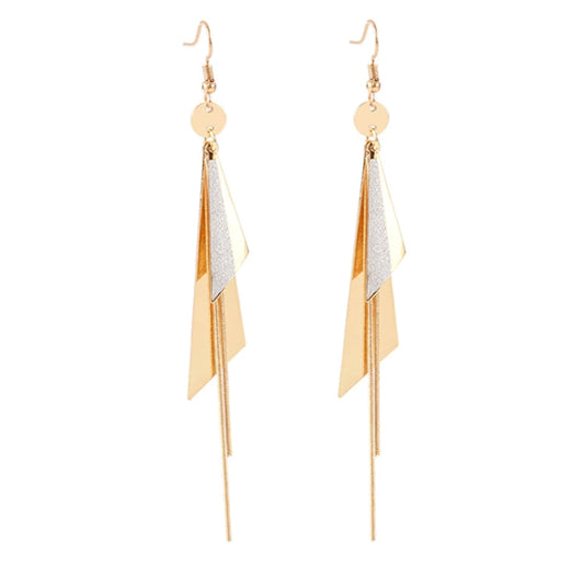 Gold Plated Geometric Triangle Long Tassel Drop Earrings for Women and Girls, Copper Triangular Drop Golden Danglers with Metal Chain