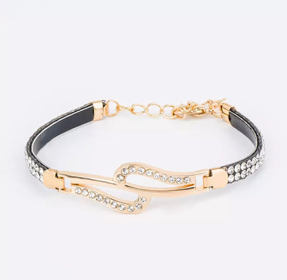 Shiny CZ Stone Women Chain Link Leather Bracelet | Wedding Jewelry