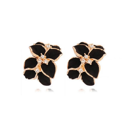 Elegant Black Garden Flowers Rhinestone Stud Earrings for Women and Girls