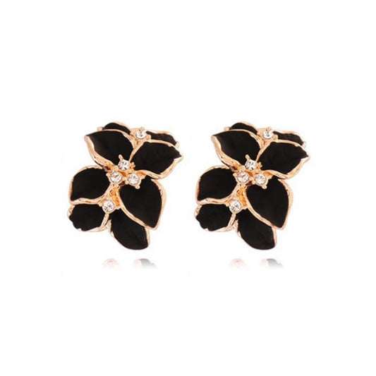 Elegant Black Garden Flowers Rhinestone Stud Earrings for Women and Girls