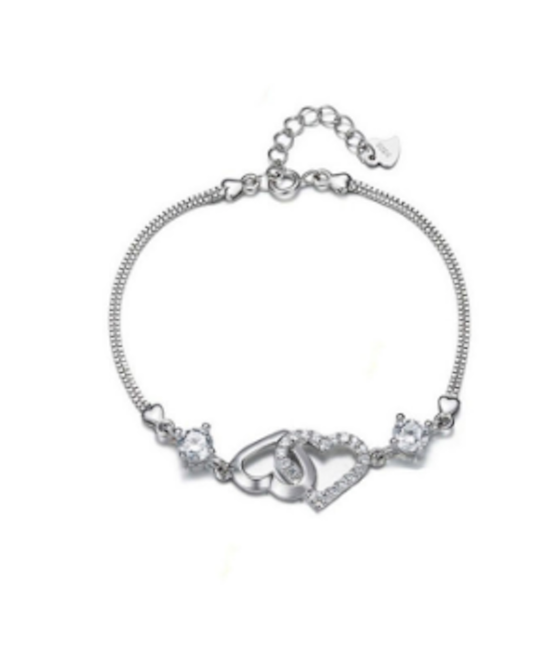 Sterling Silver Double Heart Charm Bracelet, White and Purple Cubic Zirconia Adjustable Bracelet for Girls and Women