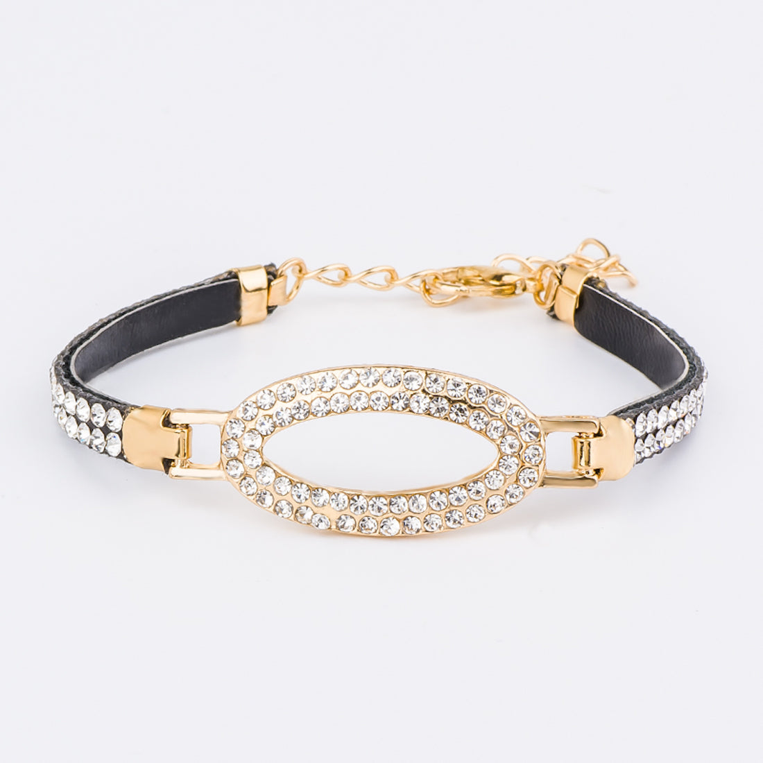 Shiny CZ Stone Women Chain Link Leather Bracelet | Wedding Jewelry