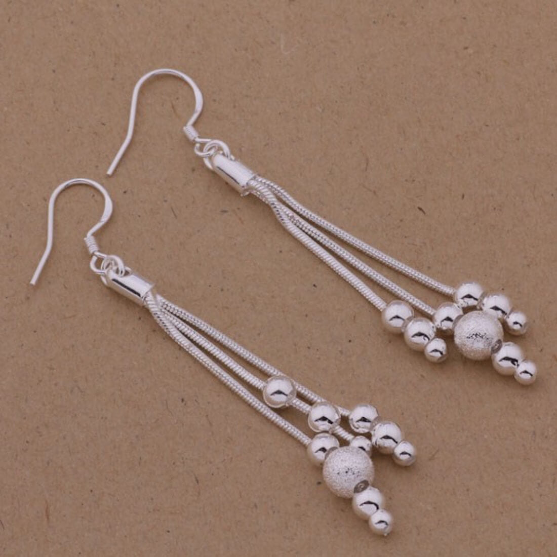 Silver Plated Metal Three Line Beads Female Earrings Trendy Wedding Jewellery Metal Drops & Danglers