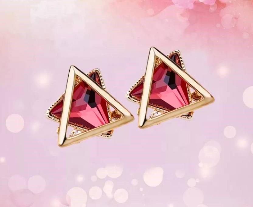 Gold Plated Maroon Crystal Rhinestone Geometric Stud Earrings for Women and Girls