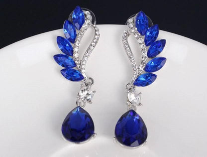 Crystal and Rhinestone Drop Dangle Earrings, Long Trendy Eardrops for Girls and Women (Blue)