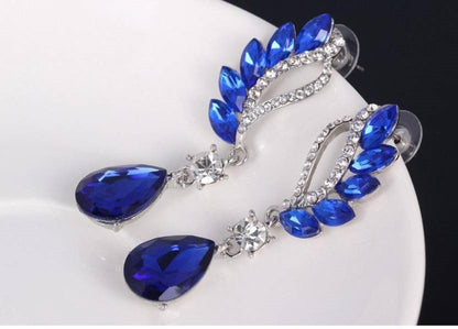 Crystal and Rhinestone Drop Dangle Earrings, Long Trendy Eardrops for Girls and Women (Blue)