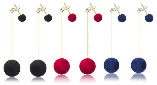 Nilu's Collection Combo of Red, Blue and Black Plush Ball Dangle and Drop Earring Velvet Round Long Tassel Earring for Women Copper Tassel Earring