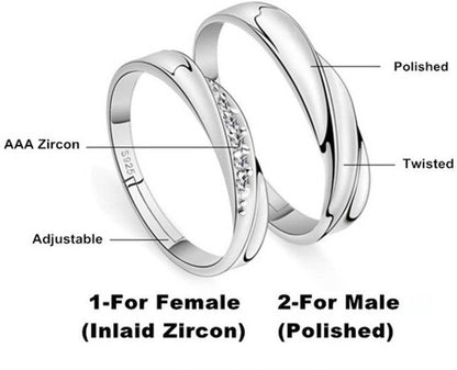 925 Sterling Silver Cubic Zirconia Designer Couple Rings, Adjustable Couple Band, Promise Rings for Lovers, Gift for Men and Women, Valentine's Day Gift