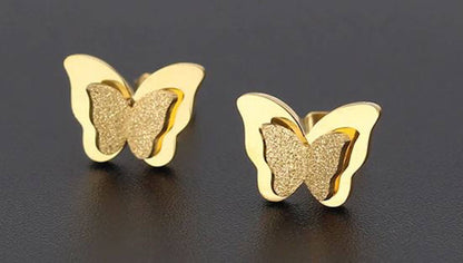 Charming Dual Butterfly Stainless Steel Rhinestone Stud Earrings for Baby Girls, Girls and Women