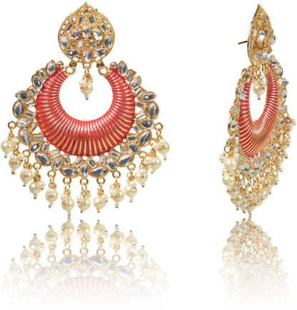 Gold Plated Brass Big Chandbali Jhumka Earrings for Women, Traditional Long Earrings, Anniversary Gift for Wife (Red)