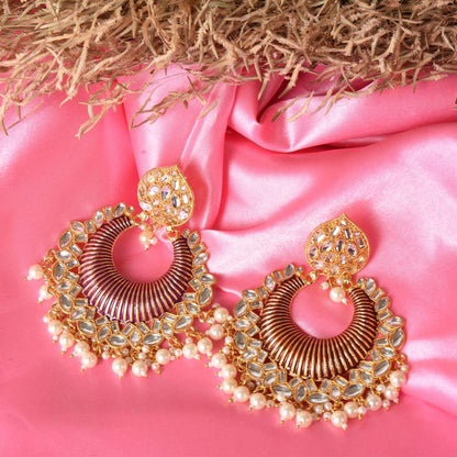 Gold Plated Brass Big Chandbali Jhumka Earrings for Women, Traditional Long Earrings, Anniversary Gift for Wife (Red)