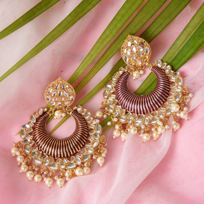 Brass Big Chandbali Jhumka Earrings for Women, Traditional Long Earrings, Anniversary Gift for Wife (Maroon)