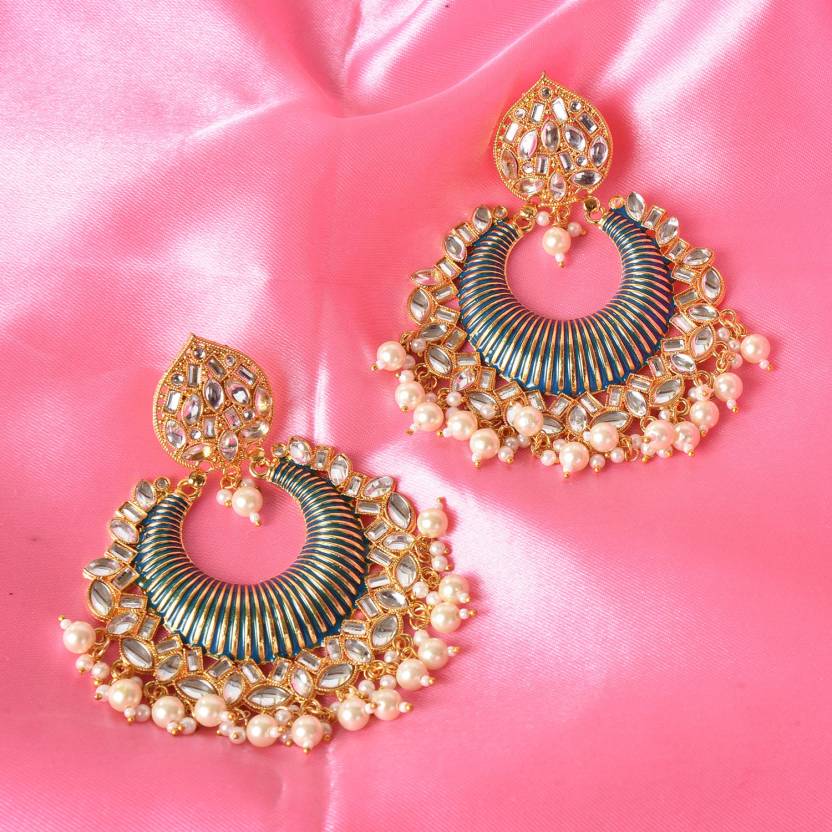 Gold Plated Brass Big Chandbali Jhumka Earrings for Women, Traditional Long Earrings, Anniversary Gift for Wife (Green)