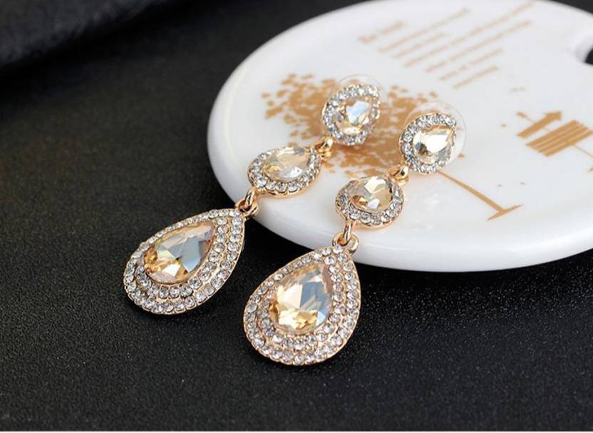 Traditional 18K Gold Plated and Crystal Dangle & Drop Earrings for Women & Girls, Rhinestone Geometric Statement Alloy Earrings