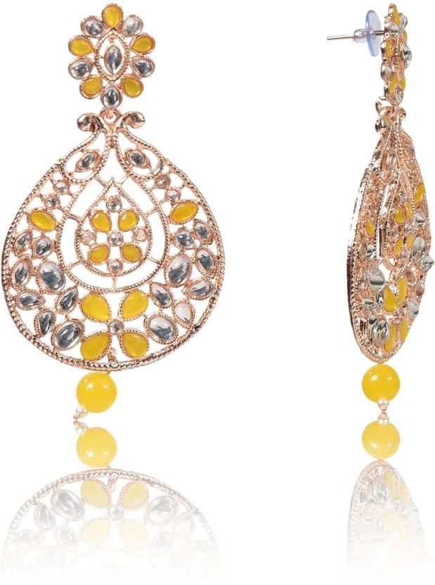 Rose Gold Plated Pearl Beaded Drop Earrings Wedding/ Festive Collection (Yellow) Alloy Drops & Danglers