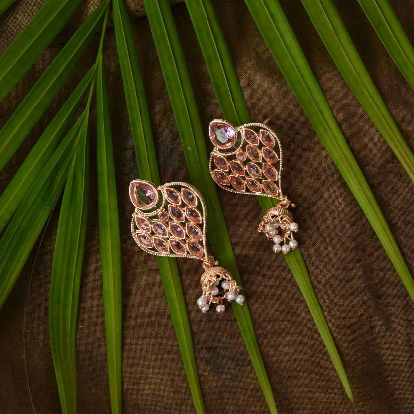 Shining Stone beaded Drop Jhumka (Baby Pink) Copper Jhumki Earring