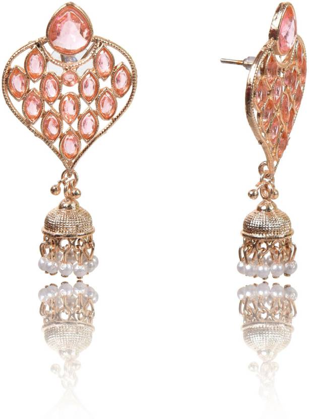 Shining Stone beaded Drop Jhumka (Baby Pink) Copper Jhumki Earring