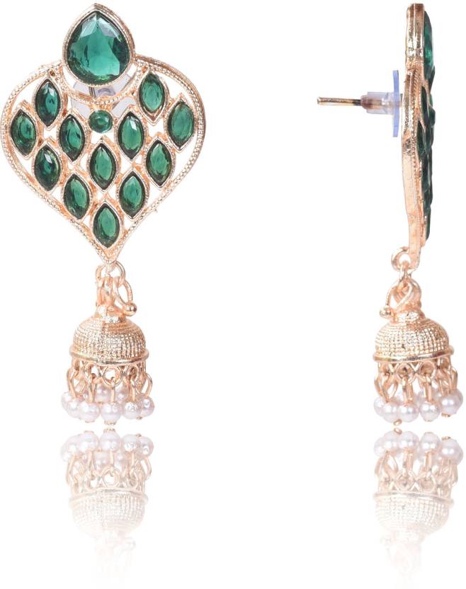 Shining Stone beaded Drop Jhumka (Dark Green) Copper Jhumki Earring