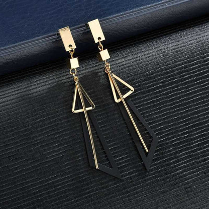 Hollow Triangle Black Geometric Long Drop Earrings for Women and Girls